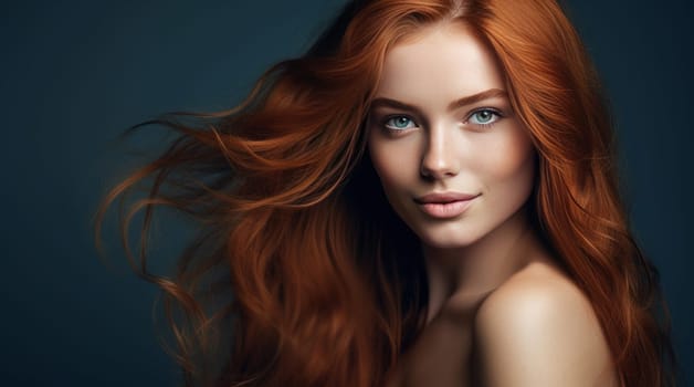 Portrait of an elegant, sexy smiling woman with perfect skin and long red hair, on a dark blue background, banner. Advertising of cosmetic products, spa treatments, shampoos and hair care, dentistry and medicine, perfumes and cosmetology for women.