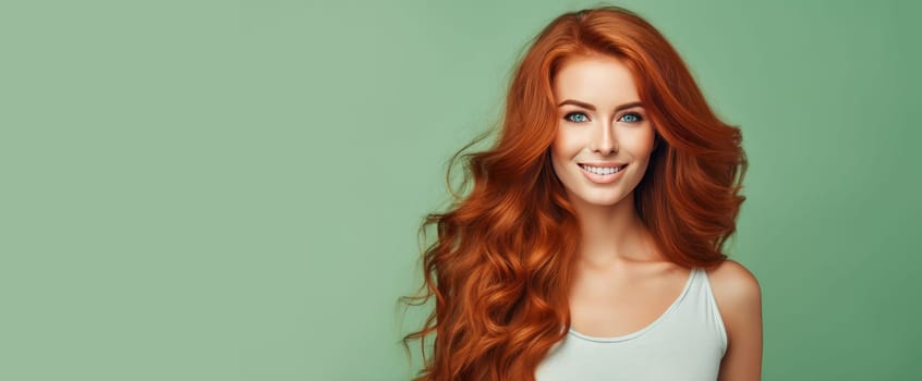 Portrait of an elegant, sexy smiling woman with perfect skin and long red hair, on a light green background, banner. Advertising of cosmetic products, spa treatments, shampoos and hair care, dentistry and medicine, perfumes and cosmetology for women.