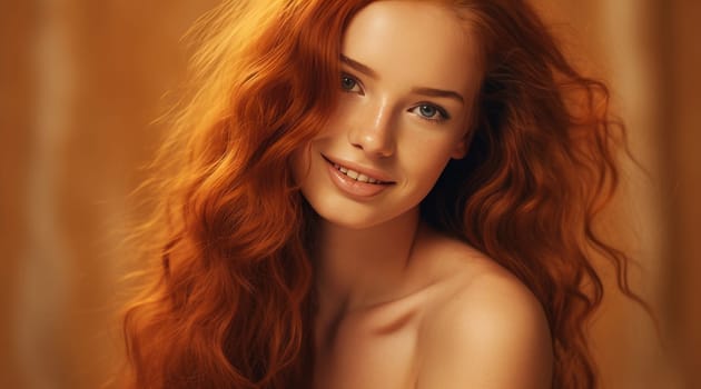 Portrait of an elegant, sexy smiling woman with perfect skin and long red hair, on a golden background, banner. Advertising of cosmetic products, spa treatments, shampoos and hair care, dentistry and medicine, perfumes and cosmetology for women.