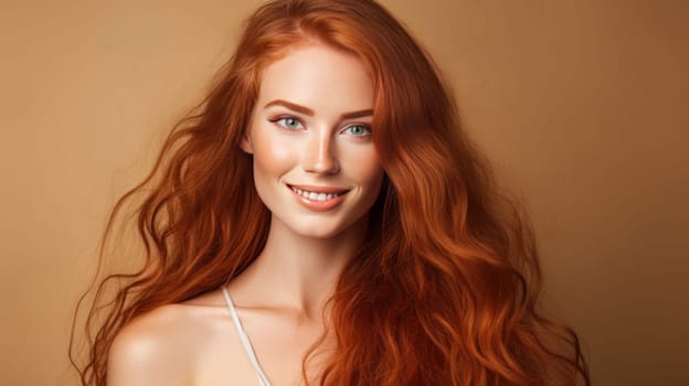 Portrait of an elegant, sexy smiling woman with perfect skin and long red hair, on a creamy beige background, banner. Advertising of cosmetic products, spa treatments, shampoos and hair care, dentistry and medicine, perfumes and cosmetology for women