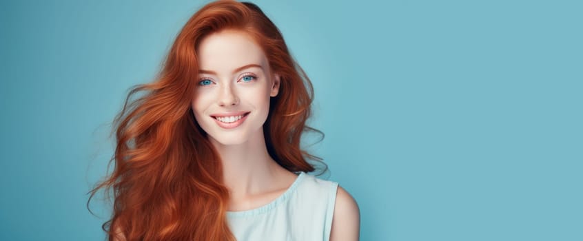 Portrait of an elegant, sexy smiling woman with perfect skin and long red hair, on a light blue background, banner. Advertising of cosmetic products, spa treatments, shampoos and hair care, dentistry and medicine, perfumes and cosmetology for women.