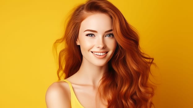 Portrait of an elegant, sexy smiling woman with perfect skin and long red hair, on a yellow background, banner. Advertising of cosmetic products, spa treatments, shampoos and hair care, dentistry and medicine, perfumes and cosmetology for women.