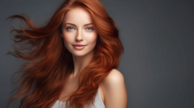 Portrait of an elegant, sexy smiling woman with perfect skin and long red hair, on a gray background, banner.Advertising of cosmetic products, spa treatments, shampoos and hair care, dentistry and medicine, perfumes and cosmetology for women.