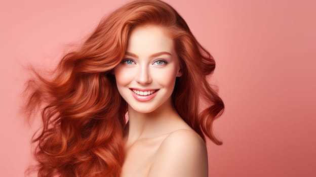 Portrait of an elegant, sexy smiling woman with perfect skin and long red hair, on a pink background, banner. Advertising of cosmetic products, spa treatments, shampoos and hair care, dentistry and medicine, perfumes and cosmetology for women.