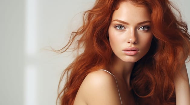 Portrait of an elegant, sexy smiling woman with perfect skin and long red hair, on a gray background, banner. Advertising of cosmetic products, spa treatments, shampoos and hair care, dentistry and medicine, perfumes and cosmetology for women.