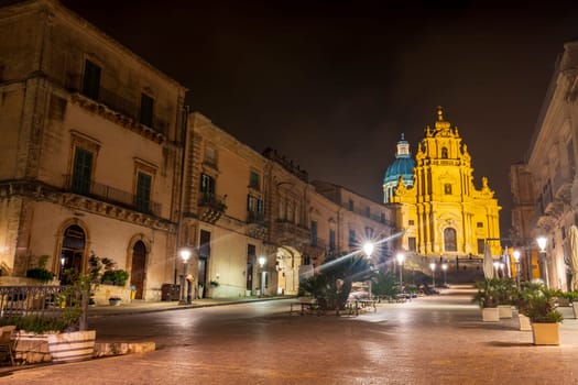 Night view of the piazza duomo and cathedral of San Giorgio in Ragusa ibla, Sicily