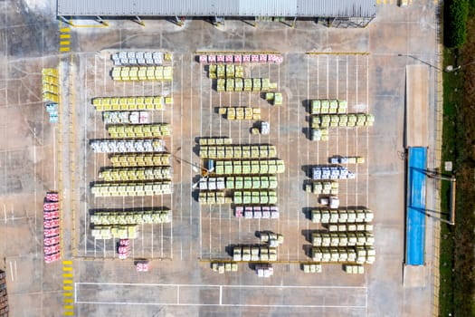 Aerial view of new stock production at factory parking lot. 