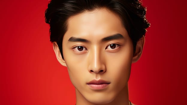 Elegant handsome young male guy Asian, on red background, banner, copy space, portrait. Advertising of cosmetic products, spa treatments, shampoos and hair care products, dentistry and medicine, perfumes and cosmetology for men