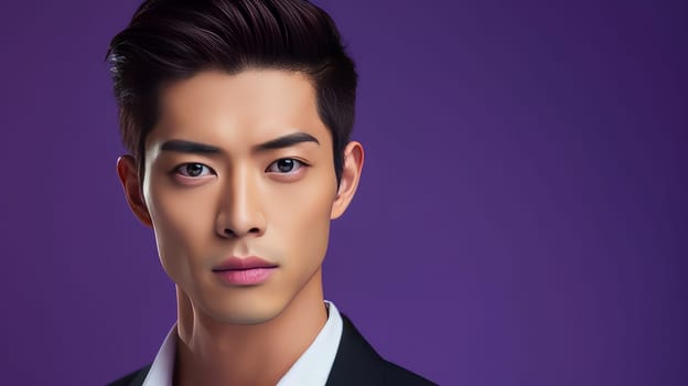 Elegant handsome young male guy Asian, on purple background, banner, copy space, portrait. Advertising of cosmetic products, spa treatments, shampoos and hair care products, dentistry and medicine, perfumes and cosmetology for men