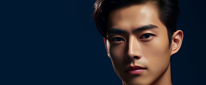 Elegant handsome young male guy Asian, on a dark blue background, banner, copy space, portrait. Advertising of cosmetic products, spa treatments, shampoos and hair care products, dentistry and medicine, perfumes and cosmetology for men