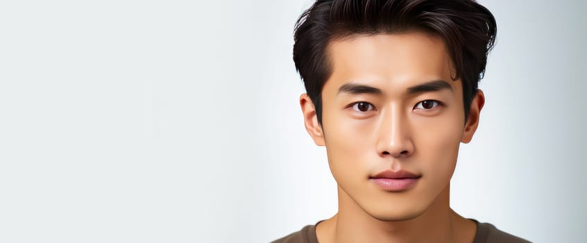 Elegant handsome young male guy Asian, on white background, banner, copy space, portrait. Advertising of cosmetic products, spa treatments, shampoos and hair care products, dentistry and medicine, perfumes and cosmetology for men