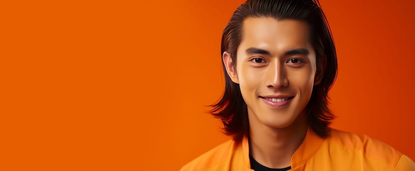 Elegant handsome smiling young Asian man with long hair, yellow orange background, banner, copy space, portrait. Advertising cosmetic products, spa treatments, shampoos and hair care products, dentistry and medicine, perfumes and cosmetology for men