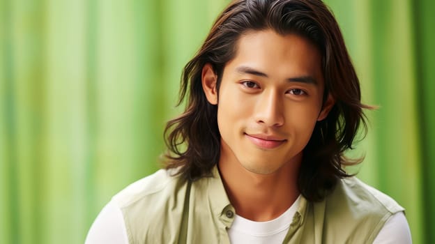 Elegant handsome smiling young Asian man with long hair, on light green, banner, copy space, portrait. Advertising of cosmetic products, spa treatments, shampoos and hair care products, dentistry and medicine, perfumes and cosmetology for men
