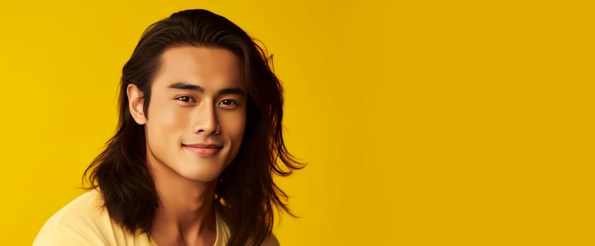 Elegant handsome smiling young Asian man with long hair, on yellow, banner, copy space, portrait. Advertising of cosmetic products, spa treatments, shampoos and hair care products, dentistry and medicine, perfumes and cosmetology for men