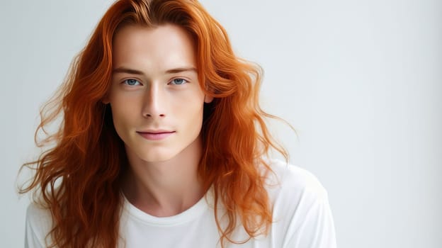 Handsome young male guy smile Asian with long red hair, on white background, banner, copy space, portrait. Advertising of cosmetic products, spa treatments, shampoos and hair care products, dentistry and medicine, perfumes and cosmetology for men