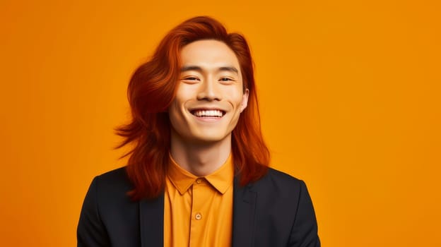 Handsome young male guy smile Asian with long red hair, on yellow orange background, banner, copy space, portrait. Advertising of cosmetic products, spa treatments, shampoos and hair care products, dentistry and medicine, perfumes and cosmetology men