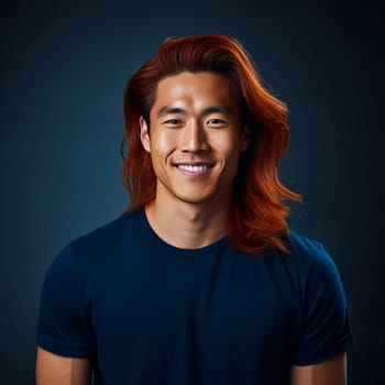 Handsome young man guy smile Asian with long red hair, on a dark blue background, banner, copy space, portrait. Advertising of cosmetic products, spa treatments, shampoos and hair care products, dentistry and medicine perfumes and cosmetology for men
