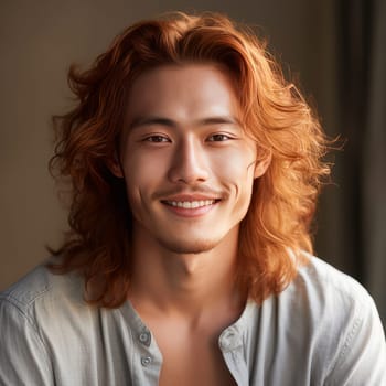 Handsome young male guy smile Asian with long red hair, on creamy beige background, banner, copy space, portrait. Advertising of cosmetic products, spa treatments, shampoos and hair care products, dentistry and medicine, perfumes and cosmetology men