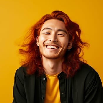 Handsome young male guy smile Asian with long red hair, on yellow orange background, banner, copy space, portrait. Advertising of cosmetic products, spa treatments, shampoos and hair care products, dentistry and medicine, perfumes and cosmetology men