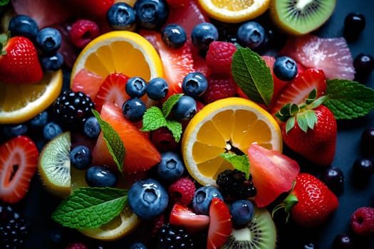 Assorted fresh berries and citrus fruits with mint leaves.