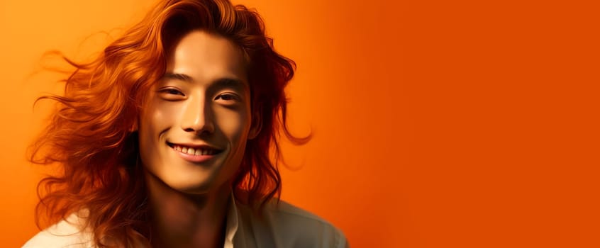 Handsome young male guy smile Asian with long red hair, on orange yellow background, banner, copy space, portrait. Advertising of cosmetic products, spa treatments, shampoos and hair care products, dentistry and medicine, perfumes and cosmetology men