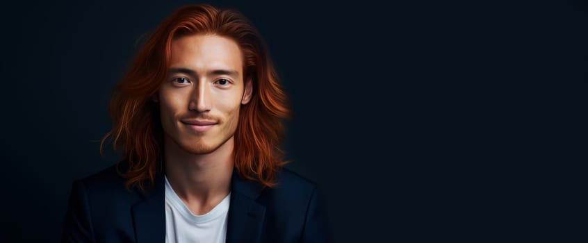 Handsome young male guy smile Asian with long red hair, on dark blue background, banner, copy space, portrait. Advertising of cosmetic products, spa treatments, shampoos and hair care products, dentistry and medicine, perfumes and cosmetology for men
