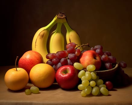 Still life photograph of various fresh fruits arranged on a table.