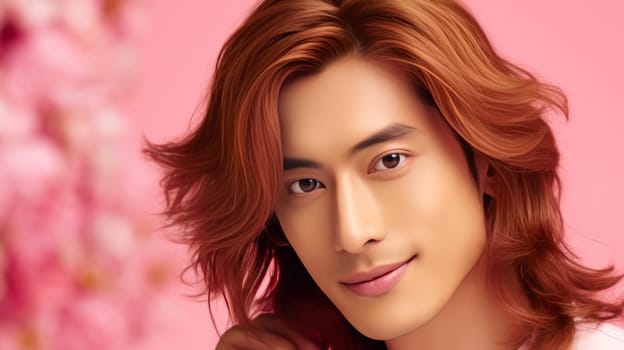 Handsome young male guy smile Asian with long red hair, on pink background, banner, copy space, portrait. Advertising of cosmetic products, spa treatments, shampoos and hair care products, dentistry and medicine, perfumes and cosmetology for men