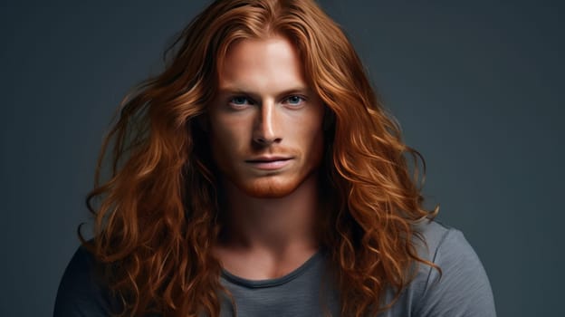 Handsome young male guy smile Asian with long red hair, silver gray background, banner, copy space, portrait. Advertising of cosmetic products, spa treatments, shampoos and hair care products, dentistry and medicine, perfumes and cosmetology for men