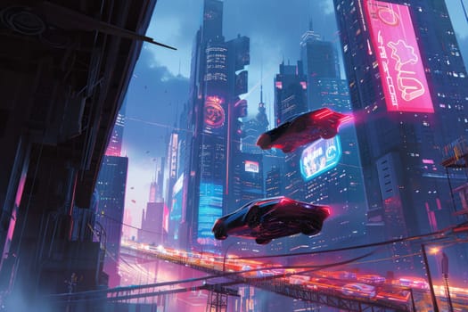 Futuristic city glows with soft hues, complemented by the sleek design of hovering vehicles above the vibrant skyline. Resplendent.