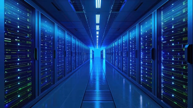 A high-tech data center with rows of servers, blue and green LED lights, symbolizing advanced technology and data storage. Resplendent.