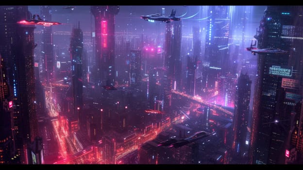 Futuristic city glows with soft hues, complemented by the sleek design of hovering vehicles above the vibrant skyline. Resplendent.