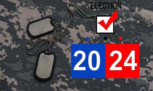 Presidential Election Vote 2024 USA time. army camouflage and badge. High quality photo