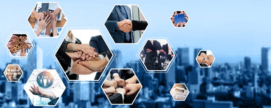 Teamwork and human resources HR management technology concept in corporate business with people group networking to support partnership, trust, teamwork and unity of coworkers in office kudos