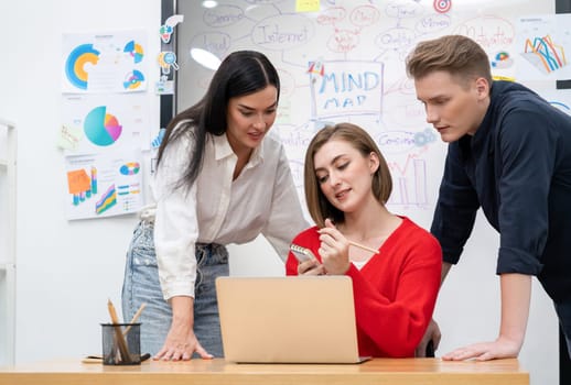 Professional business team working together by using laptop in start up project at meeting in front of glass board with mind map while colleague brainstorm and discuss about strategy. Immaculate.