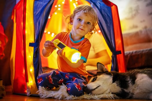 Toddler holding a flashlight in a colorful tent, accompanied by a husky