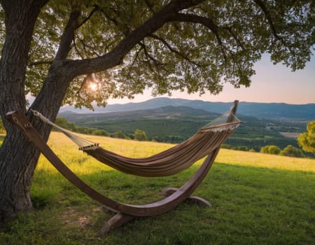 Summer landscape with a hammock and a view of the mountains. Generation of AI.