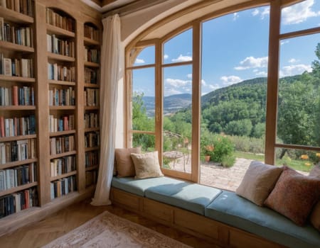 Library interior in Provence style. AI image generation.