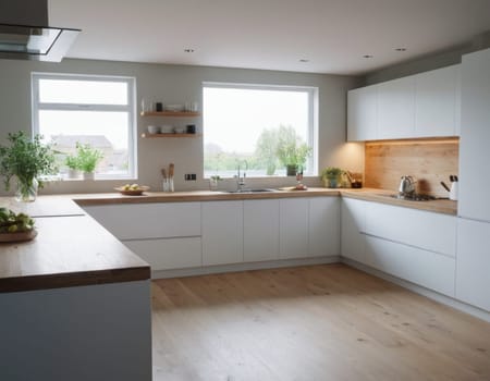 Modern kitchen interior in a minimalist eco-style. AI generation
