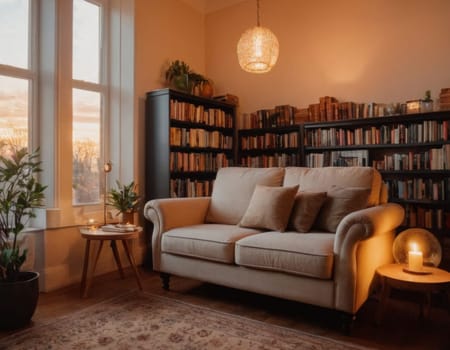 Image of a cozy home library. Nice reading corner. AI generation