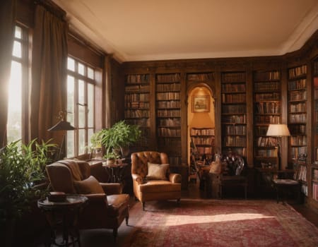 Home library and reading space in a classic style. AI generation