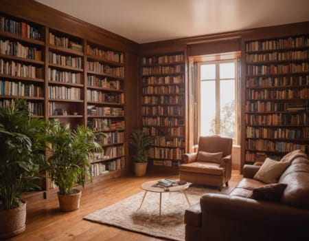 Home library and reading space in a classic style. AI generation