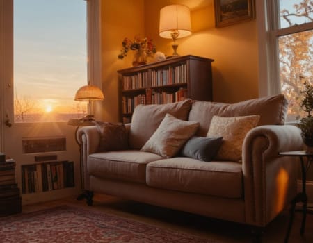 Image of a cozy home library. Nice reading corner. AI generation