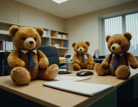 Image of toy bears in an office interior. Generation of AI.
