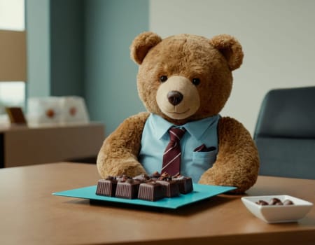 Image of a toy Bear with sweets in the office. AI generation