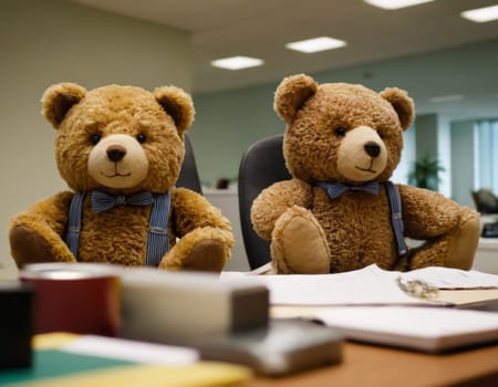 Image of toy bears in an office interior. Generation of AI.