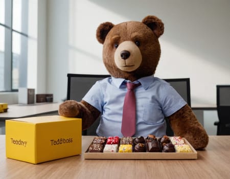 Image of a toy Bear with sweets in the office. AI generation