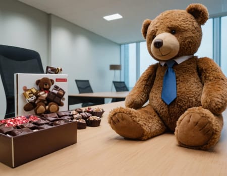 Image of a toy Bear with sweets in the office. AI generation