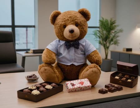 Image of a toy Bear with sweets in the office. AI generation