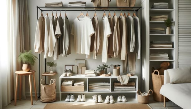 A neatly organized walk-in closet displaying a selection of neutral-toned clothing and storage shelves with home decor.